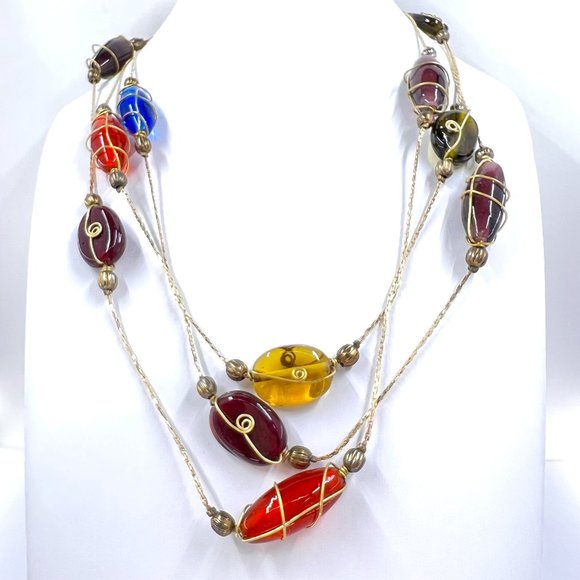 NWOT - Stunning Wire Wrapped Glass Bead Gold Tone Single Strand 58” Necklace - Picture 2 of 7